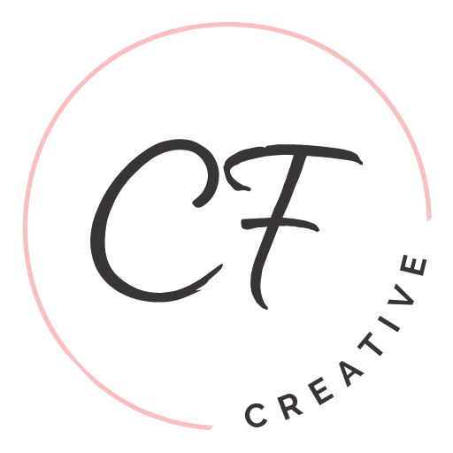 Logo with the letters C and F in dark grey text in the middle of a circle. The circle is made up of a pink semi circle going about halfway around, and the bottom right portion is comprised of dark grey text curving around to complete the circle. The text reads 'Creative'.